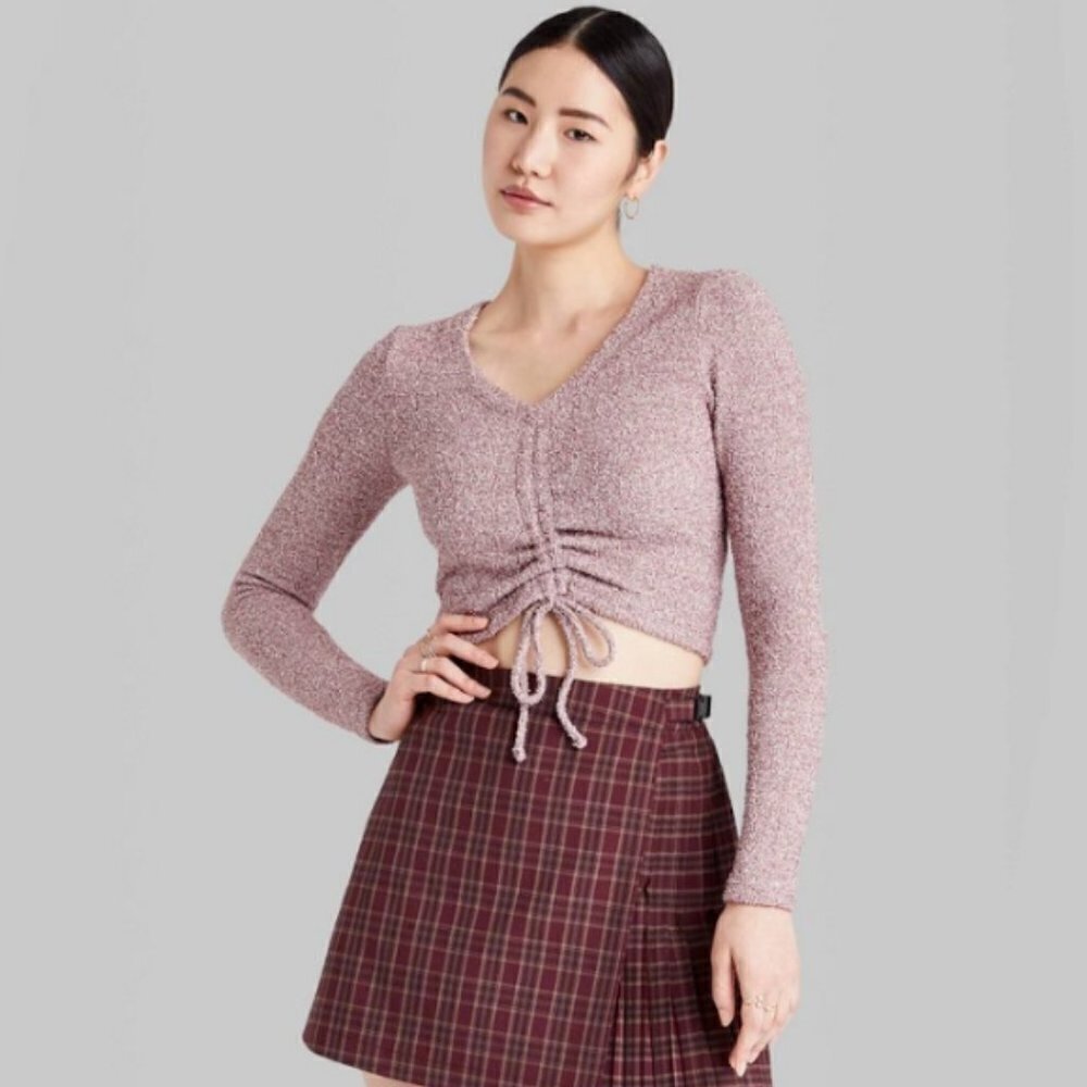 EC Wild Fable Long Sleeve V-Neck Ruched Front Fitted Sweater Knit T-Shirt